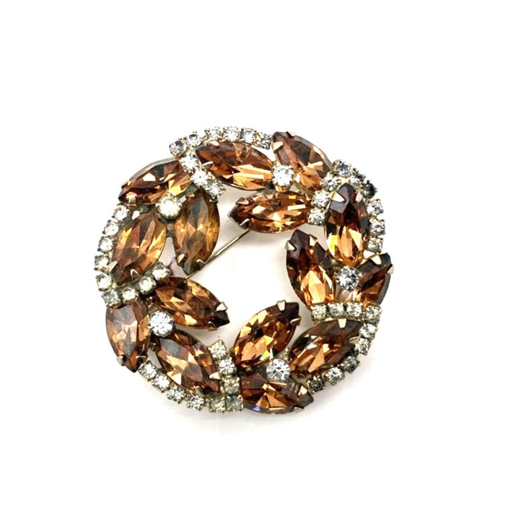 Vintage Weiss Smoky Topaz Rhinestone Wreath Brooch Signed